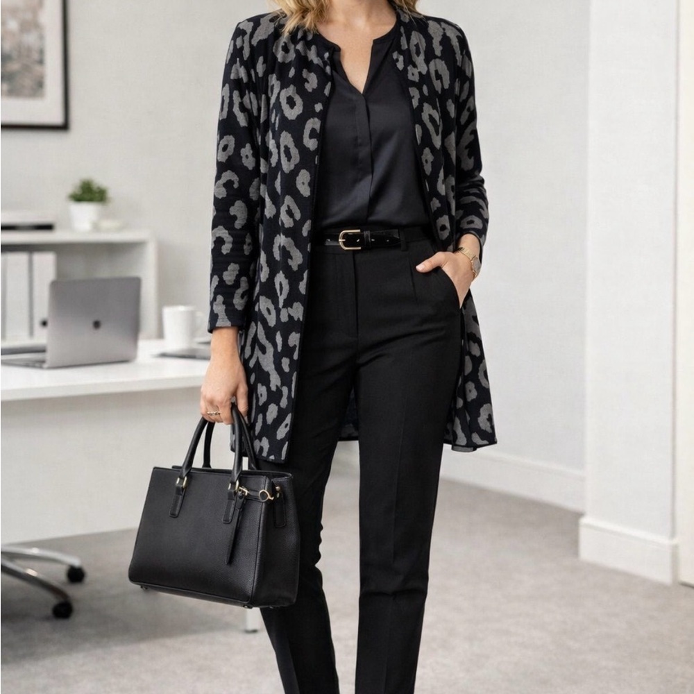Anne Klein Black and Gray‎ Leopard Patterned long open cardigan L